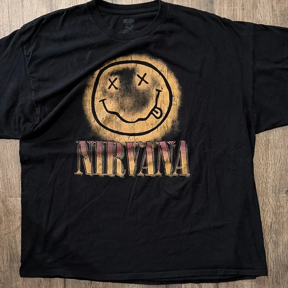 NIRVANA Other - NIRVANA Black Short-Sleeve Tee with Yellow Distressed Smiley